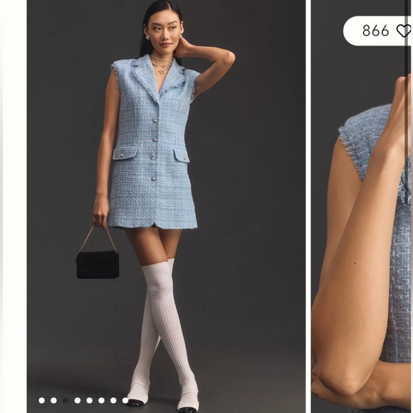 Anthropologie Maeve Sleeveless Tweed Blazer Mini Dress Light Blue NWT Size 8 - Picture 5 of 9